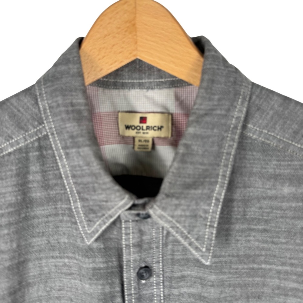 Woolrich Short Sleeve Button Down Shirt Mens XL Workwear Grey Slub Texture